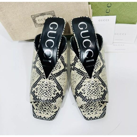 Gucci Python Beige Avana Peep Toe Slip On Heel Mules Sandal Size 37/ 7 NIB - Picture 6 of 11